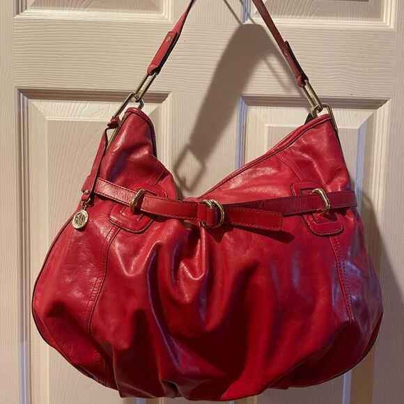 DKNY Red Leather hobo large satchel bag with gold tone accents and hardwares - Picture 1 of 12